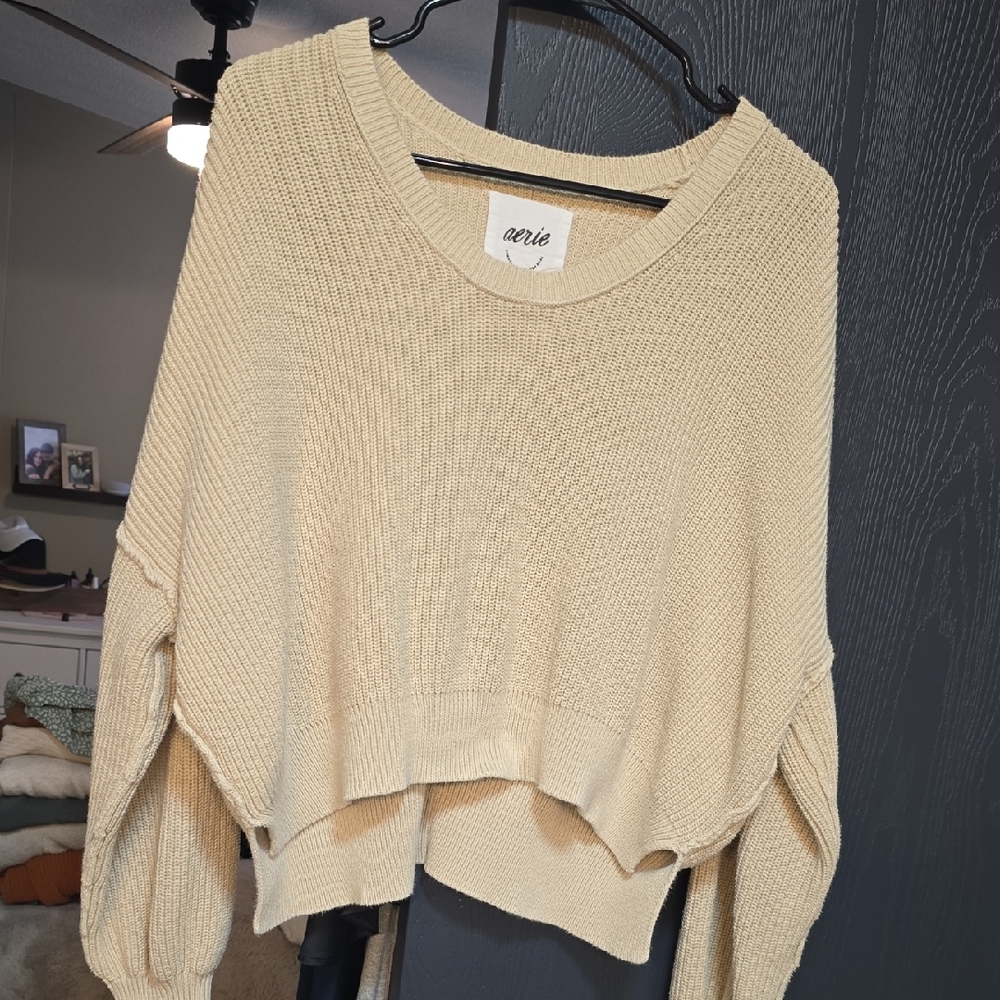 Aerie Tan Cropped Beach Sweater